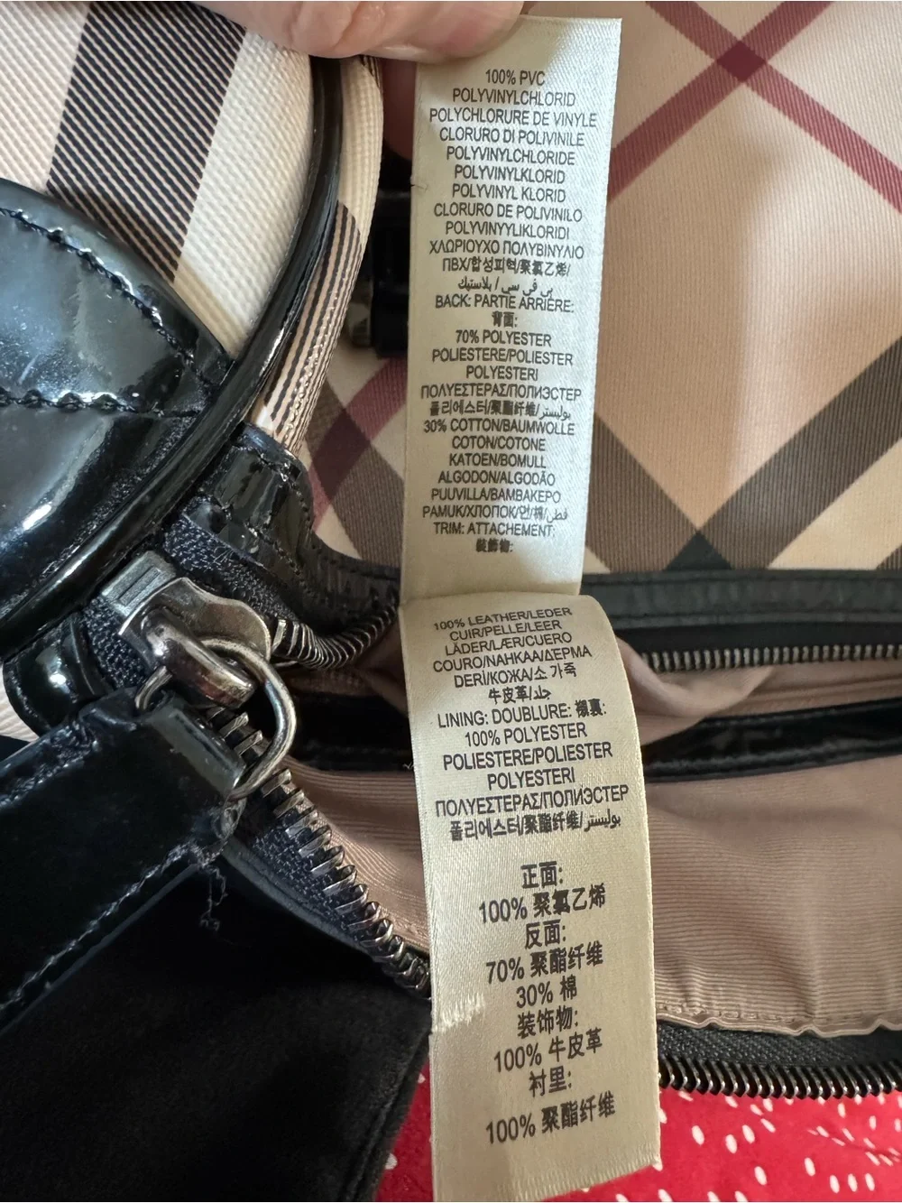 Burberry Beige Check Satchel with Black Patent Handles and Maroon Accents